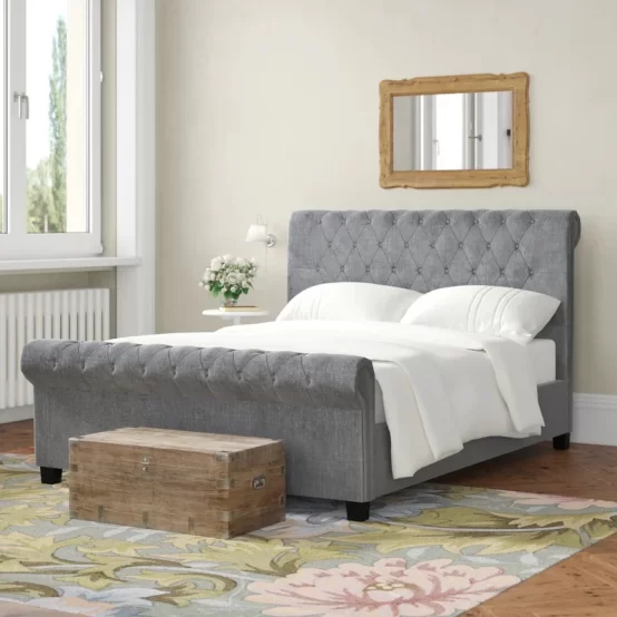 Chesterfield Fabric Sleigh Bed with Ottoman Storage – Luxury Upholstered Bed in UK